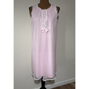 VTG Gotham Nylon/Chiffon Sheer Double Layer Pink Nightgown Embroidered Lace Sz S